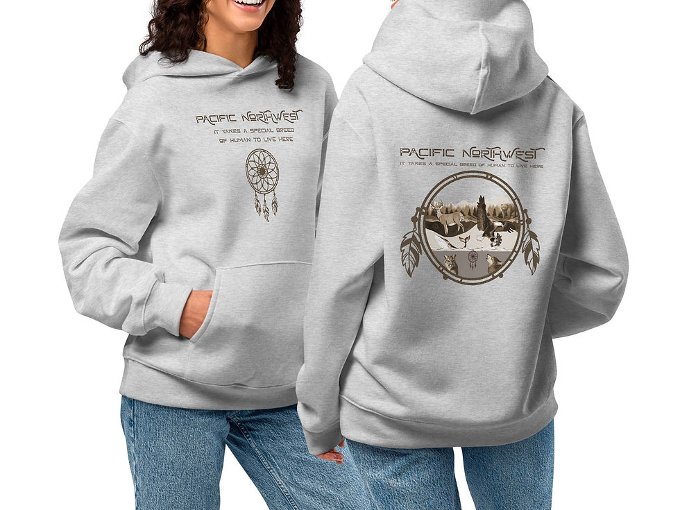 Thumbnail: Two women wearing Pacific Northwest Breed hoodies. Dreamcatcher and slogan on front. Design on back.
