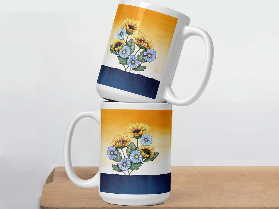 Thumbnail: Two Sunflower Sunset coffee mugs stacked on top of eachother, sitting on a wood cutting board.