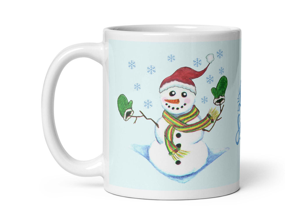 Thumbnail: Snowman coffee mug right side. blue background with a cheerful snowman surrounded by snowflakes.