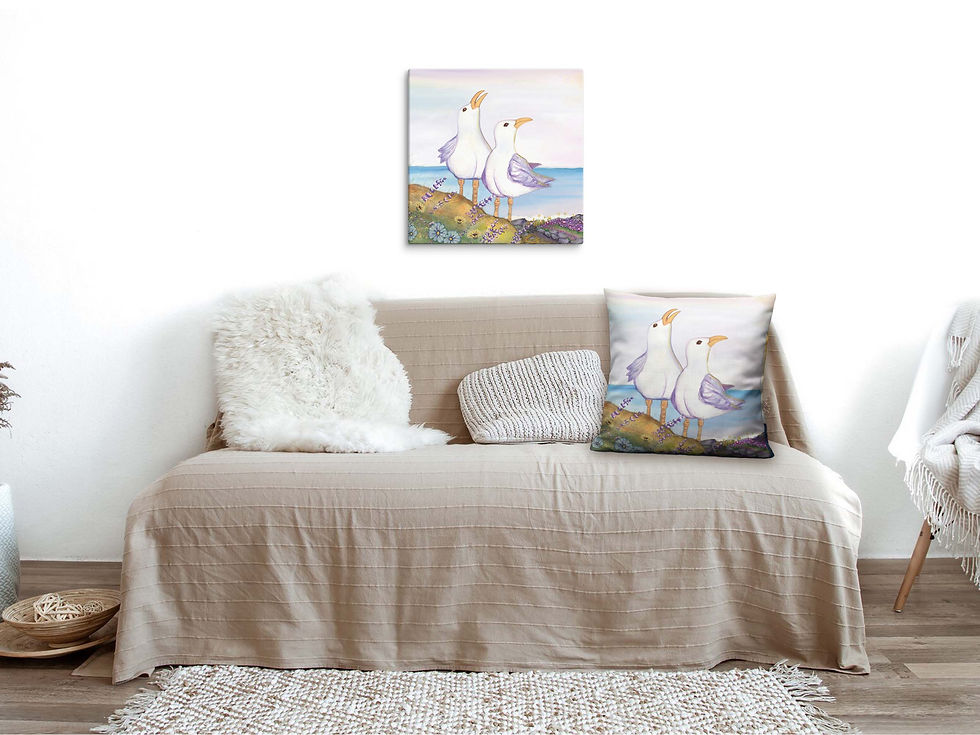 Thumbnail: Seagulls on a Bluff canvas wall art above a small boho beige sofa. A matching seagulls throw pillow is on the sofa.