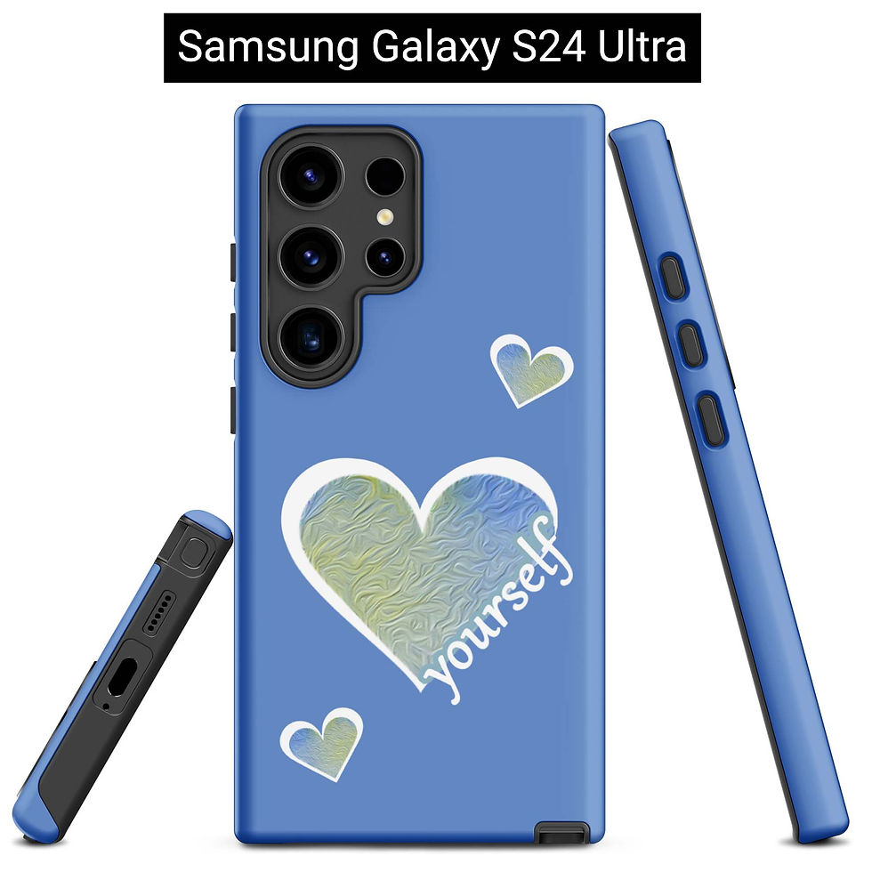 Thumbnail: Samsung Galaxy S24 Ultra tough case (front, side, bottom views). Blue background with blue-green heart words “Love Yourself”.