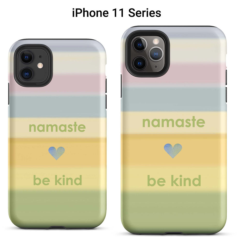 Thumbnail: Two iPhone 11 tough cases featuring a heart and the words “Namaste Be Kind” against a pastel rainbow.