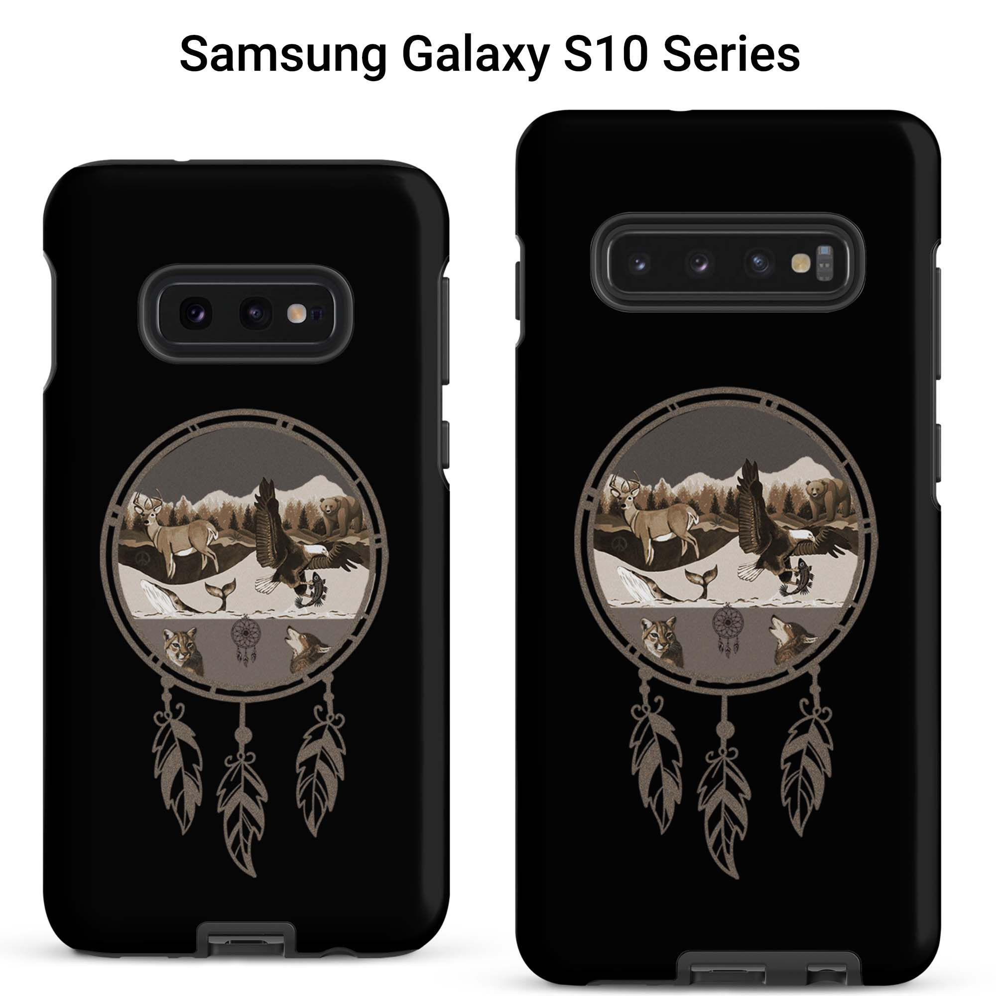 Two Samsung Galaxy tough cases featuring a deer, bear, eagle, cougar and wolf within a dreamcatcher.