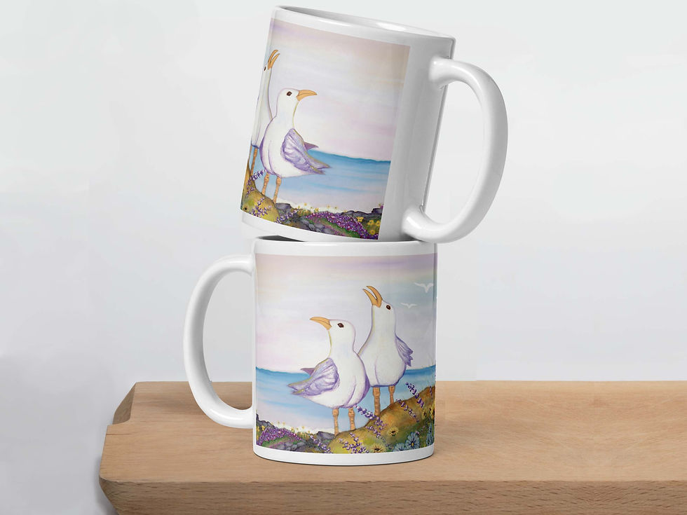 Thumbnail: Two Seagulls on a Bluff coffee mugs stacked on top of eachother, sitting on a wood cutting board.