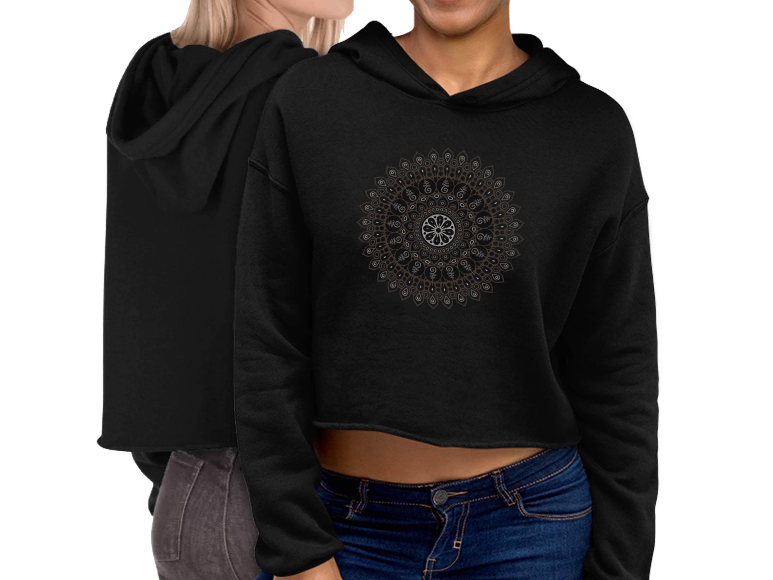 Two women wearing a black Mandala cropped hoodie. One woman is facing forward and the other is facing backward.