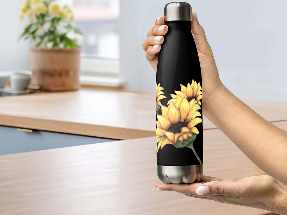 Thumbnail: A woman’s hand is holding a Sunflower water bottle above a kitchen counter. Potted yellow flowers in background.