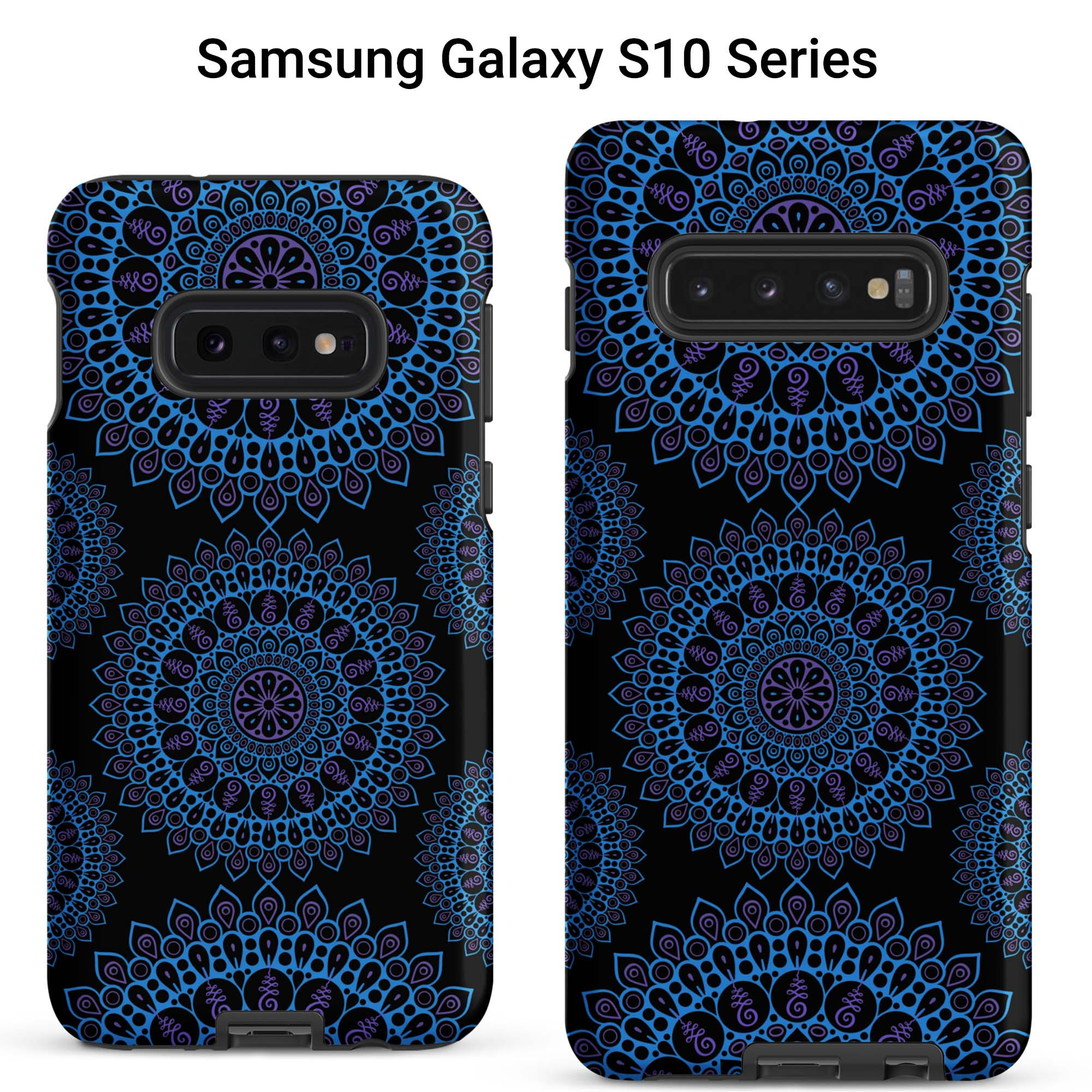 Two Samsung Galaxy S10 tough cases featuring blue mandalas against a black background.