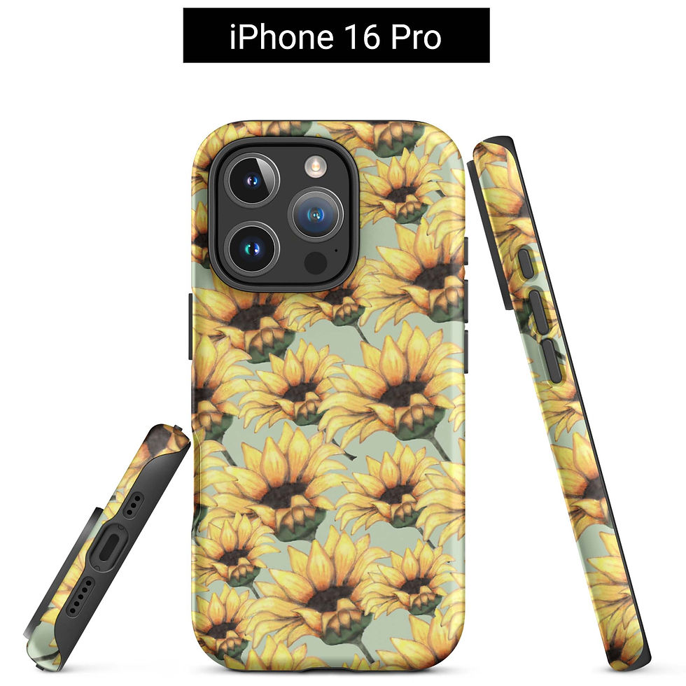 Thumbnail: iPhone 16 Pro tough case (front, side, bottom views). A medley of yellow sunflowers against a green background.