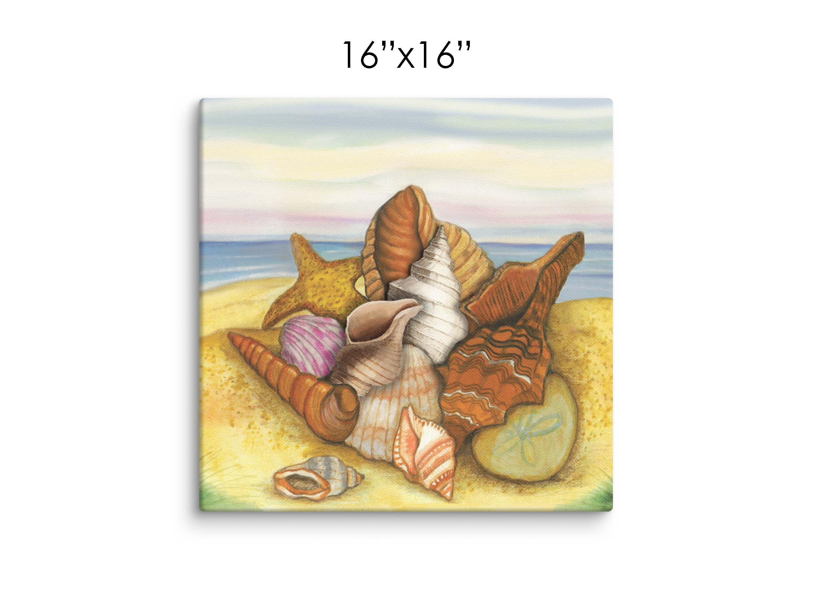 Close-up view of a Seashell Treasures canvas wall art featuring a stack of seashells on an ocean beach.