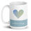 Thumbnail: Light and Love mug left side. White mug, Big blue/green heart, blue stripe on bottom with white text “Positive Energy”.