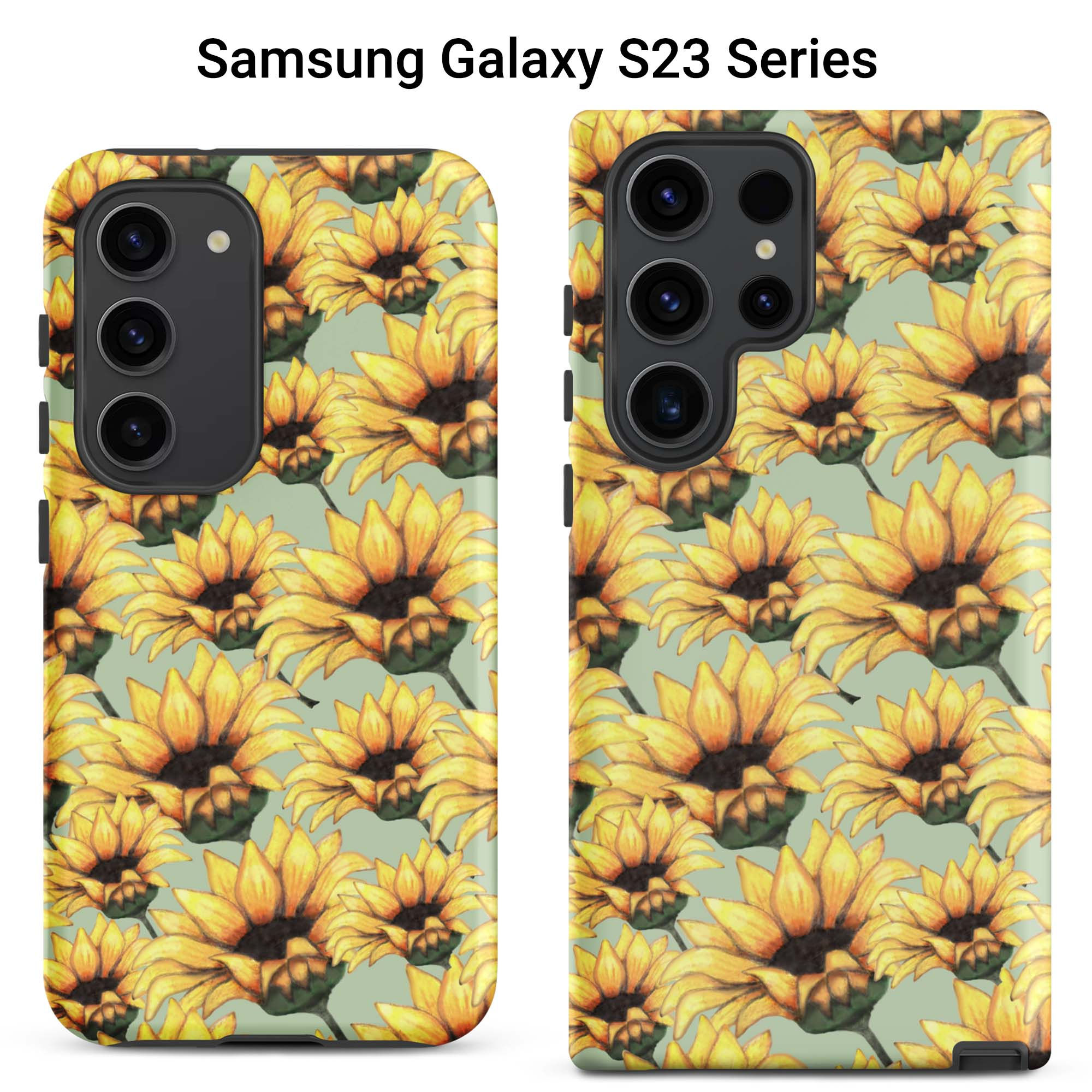 Two Samsung Galaxy S23 tough cases. A medley of yellow sunflowers against a green background.