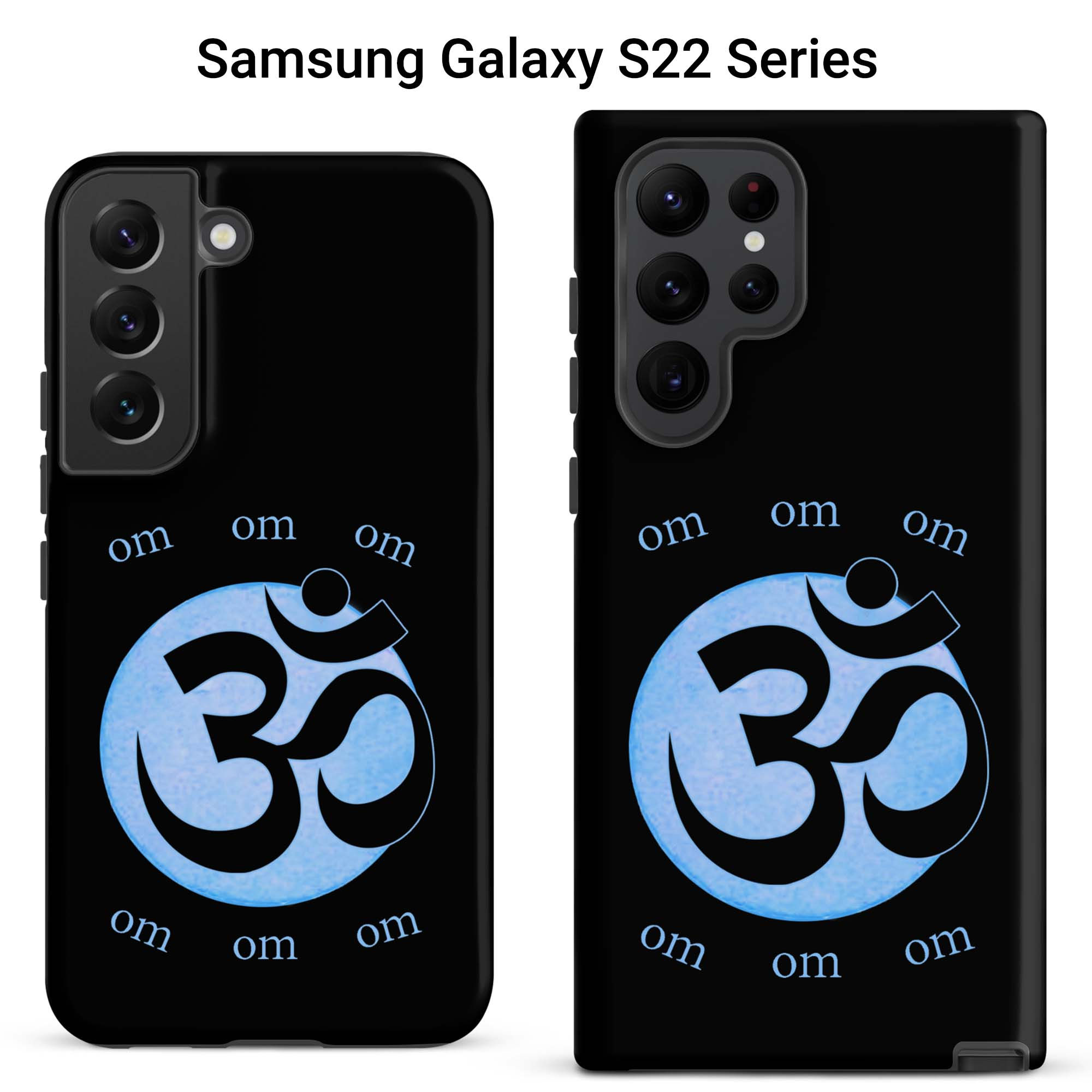 Two Samsung Galaxy S22 tough cases featuring a blue OM symbol against a black background.