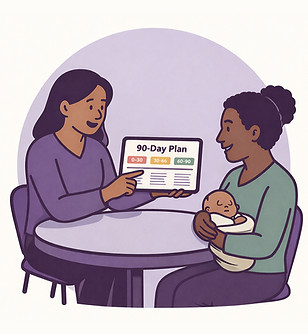 A confidence building coach is meeting with a maternity returner holding a baby. The coach is showing the new mum a 90-day plan that can help her return-to-work confidently.