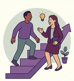 A career coach is talking to an employee as they ascend stairs, helping them gain clarity (signified by a lightbulb) about their career needs as they move toward their goal.