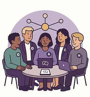 A group of five employees are sitting around a round table. They each have a pinbadge on their clothes spelling out COACH. Beind them is an illustration of a network to signify the set-up of a coaching network within their company.