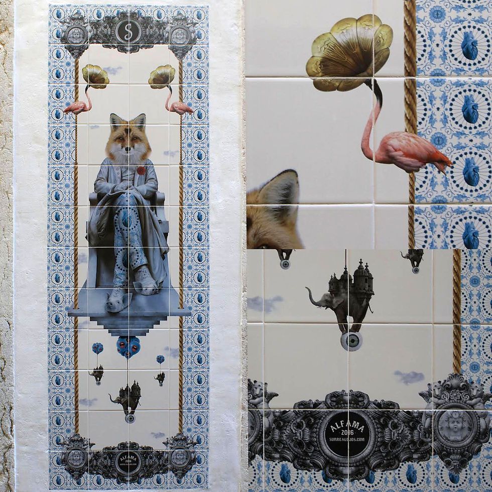 Thumbnail: This artistic azulejo panel features a surreal composition centered on a fox-headed figure dressed in classical attire