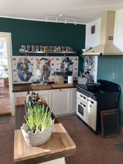 The backsplash in this country-style kitchen is adorned with *azulejos* (traditional ceramic tiles) featuring surreal and whimsical illustrations of anthropomorphic farm animals. The design includes:
1. *A sophisticated pig* – Dressed in a formal suit with a bow tie, the pig exudes a distinguished and somewhat aristocratic air.
2. *A dapper cow* – Wearing a vintage hat and suit, the cow has a stoic yet elegant demeanor, reminiscent of 19th-century portraiture.
3. *A charming goat* – Appearing to wear a dark jacket, this character adds to the overall humorous and surreal aesthetic.
Each of these central figures is framed within an oval border, reinforcing the classic portrait style. Surrounding them, the background tiles feature *small decorative motifs* of cows and tractors, enhancing the rural theme while adding playful and quirky details to the backsplash. The artistic style blends realism with a touch of surrealism, creating an eye-catching and unique statement piece in the kitchen.
Art tiles. wall art. Azulejos.
