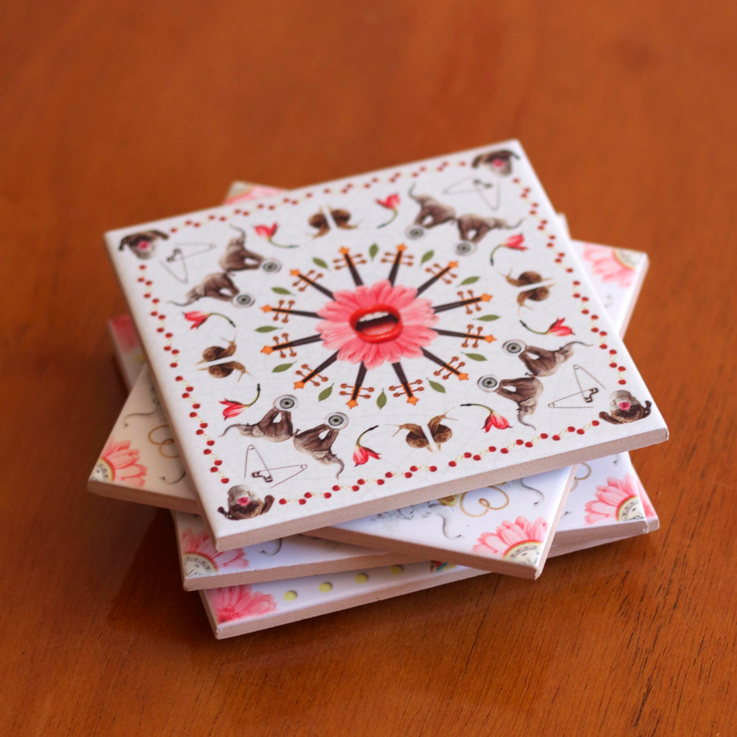 set of 4 tiles ceramic azulejos coaster trivet cork surrealism sottobicchieri top view