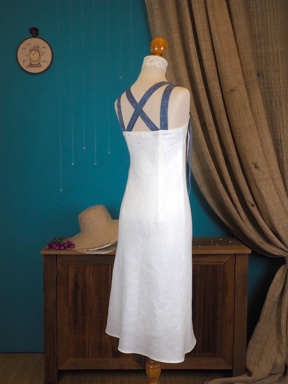Thumbnail: Straight Cut White Sundress With Blue Straps