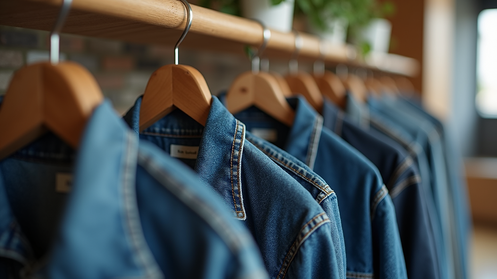 Eye-level view of a casual denim jacket hanging on a wooden rack