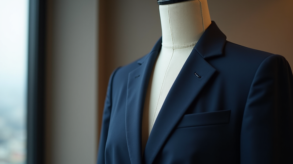 Close-up of a tailored navy blazer on a mannequin
