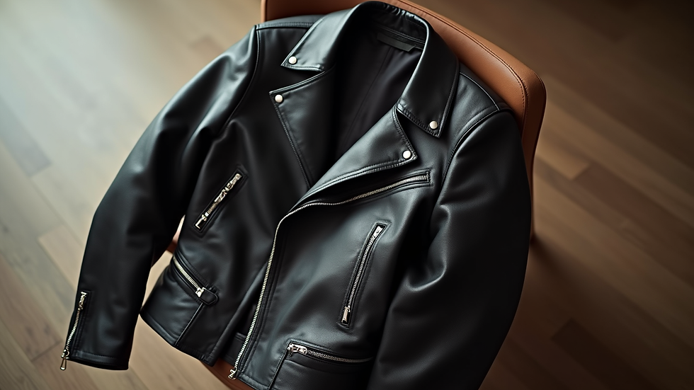 High angle view of a stylish leather jacket draped over a chair