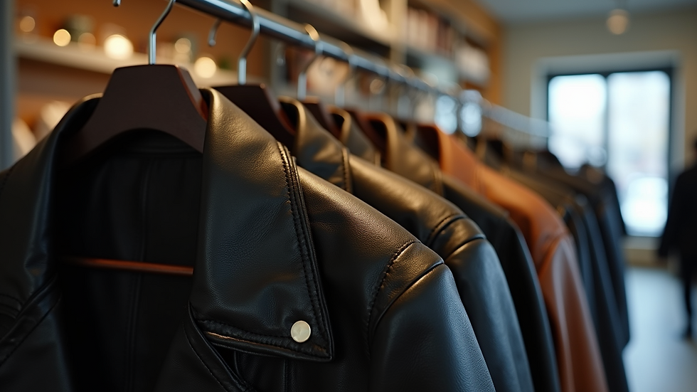 Close-up view of a leather jacket on a hanger in a stylish boutique