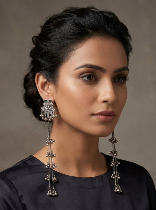 Thumbnail: Traditional Oxidised Meena Work Long Ghungroo Dangle Earrings For Women 