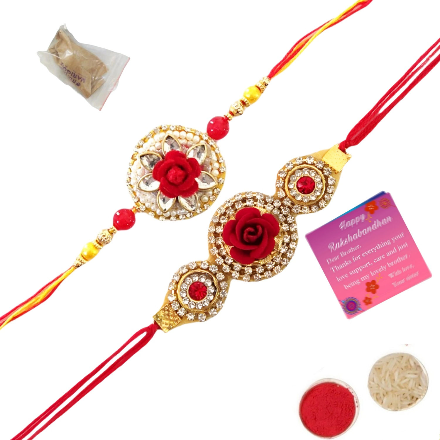 Rose Rakhi Combo With Seedball, Roli Chawal Greeting Card