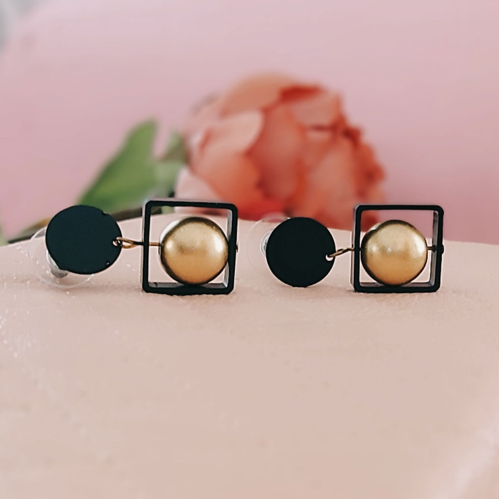 Thumbnail: Jet Black Geometric Gold Earrings