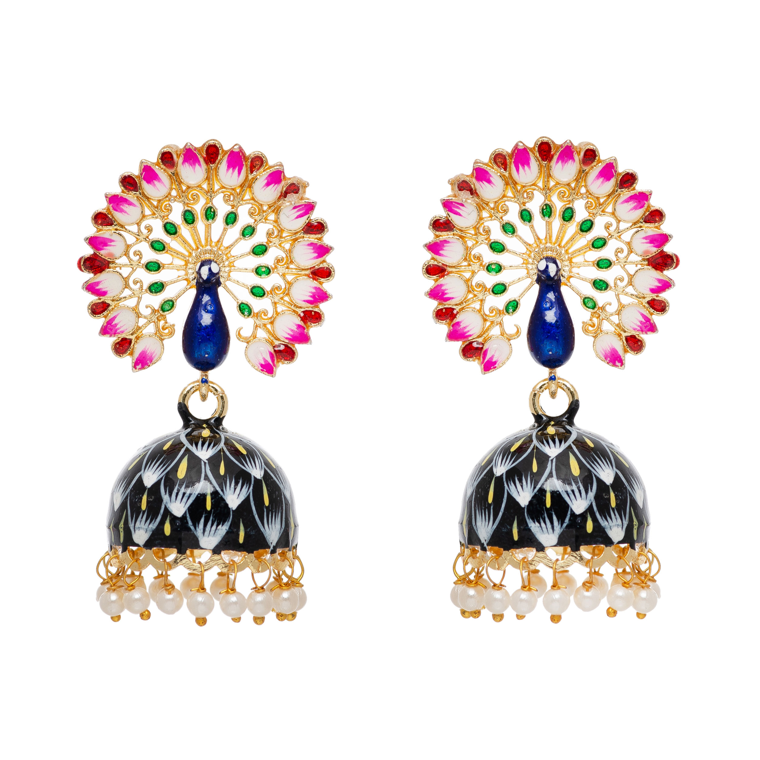 Hand Painted 3D Peacock Black Jhumki