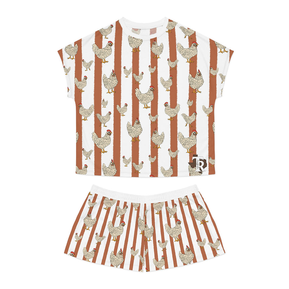 Thumbnail: Rust Striped Chicken Women's Short Pajama Set — Cozy Farmhouse Sleepwear