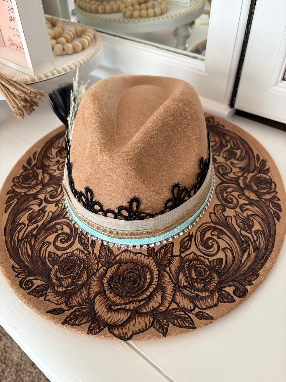 Thumbnail: VSWB- Camel- Full Brim Burn- Custom Band- Flower/Feather Bundle