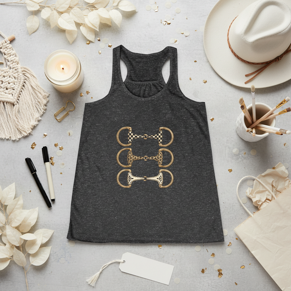 Thumbnail: Equestrian Snaffle Bit Trio Tank, Women's Racerback, Checkered, Leopard