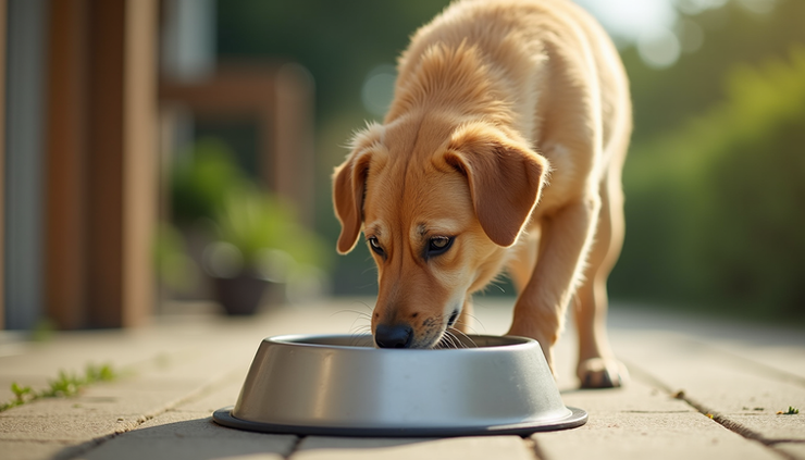 Eye-level view of a dog drinking water from a bowl outdoors on a sunny day