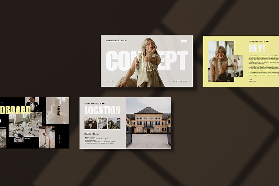 Mehrseitige Konzeptdarstellung eines Hochzeitsdesigns mit großflächiger Typografie und sanften Gelbtönen – ästhetische Visual