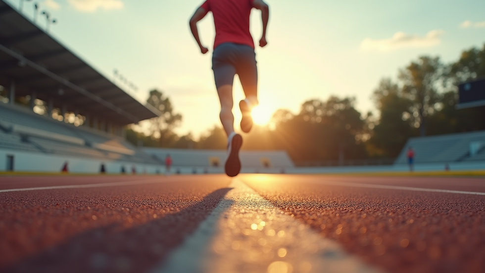 Eye-level view of a runner sprinting on a track captured with fast shutter speed