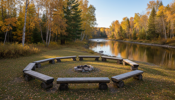 Eye-level view of a community gathering circle beside a river.