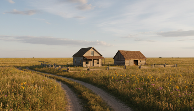 Wide-angle view of a prairie homestead in early rural Minnesota.