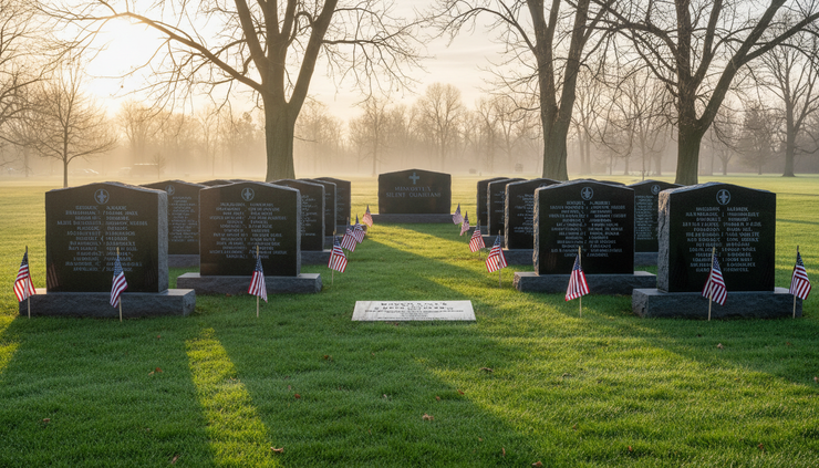 Eye-level view of a quiet Minnesota veterans memorial with small flags placed along engraved names
