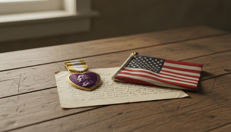 Wide-angle view of an American flag beside a Purple Heart medal and a folded letter on a wooden table