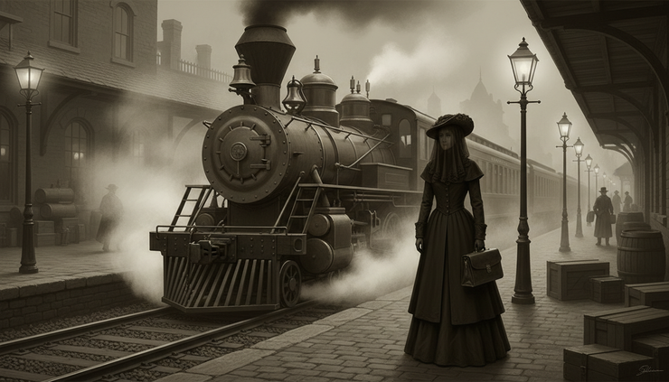 Wide-angle view of a night train waiting at a 19th-century station platform.