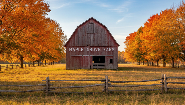 Eye-level view of an old red barn with faded letters spelling Maple Grove Farm.