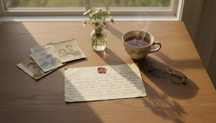 Overhead view of a handwritten letter beside old family photographs and a cup of tea.