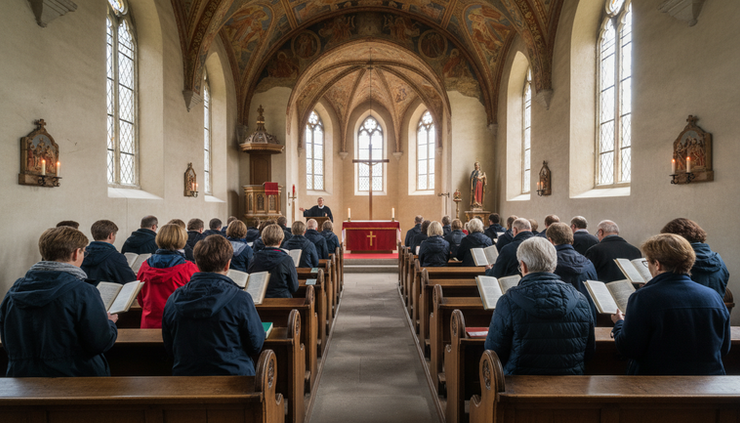 Wide-angle view of a small church gathered for a Reformation Day service.