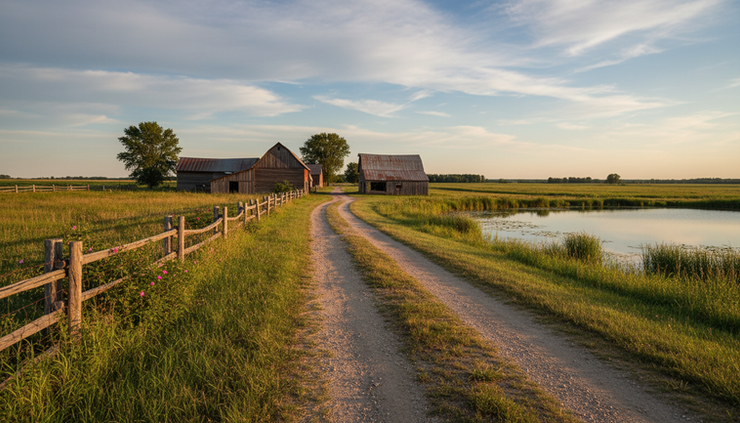 Wide-angle view of an old farm lane leading toward fields beside a small lake.