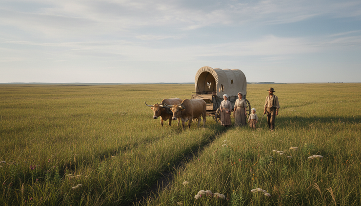 Wide-angle view of a covered wagon crossing open prairie in southwestern Minnesota.