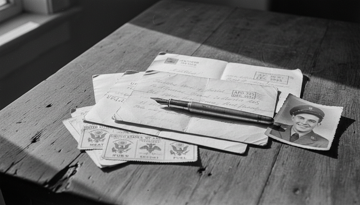 Close-up view of worn letters and a wartime photograph on a kitchen table