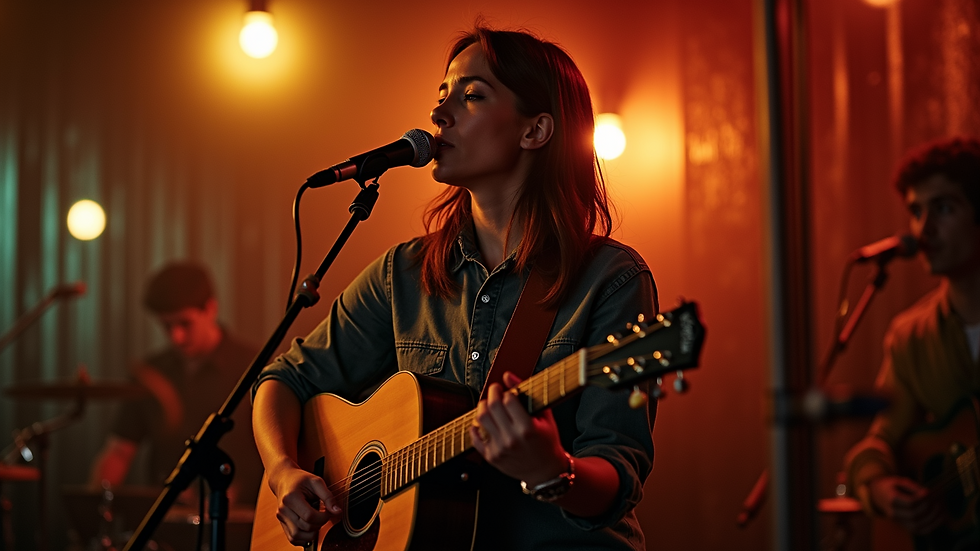 Wide angle view of a cozy local venue highlighting a live performance by a singer-songwriter