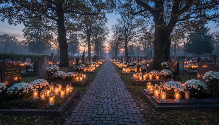 Eye-level view of a cemetery path lined with candles and chrysanthemums at dusk